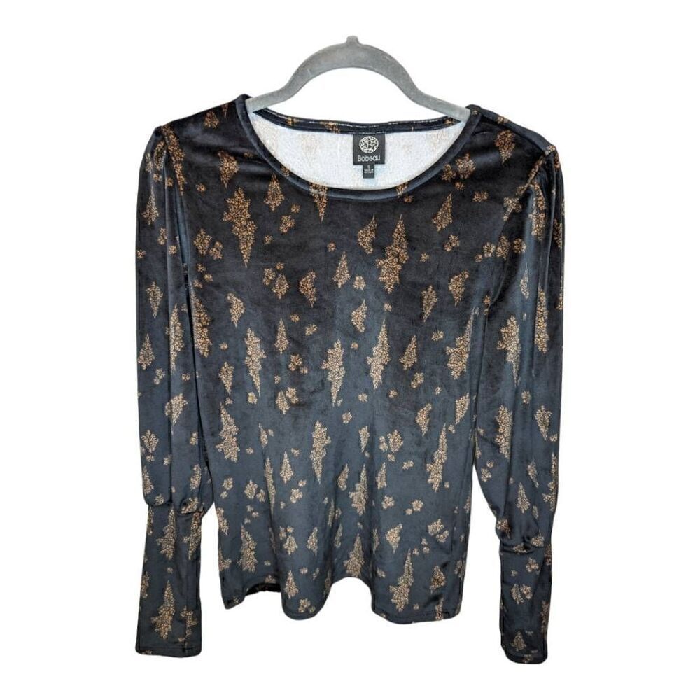Bobeau Black and Brown Velvety Long Sleeve Scoop Neck Top Women Small